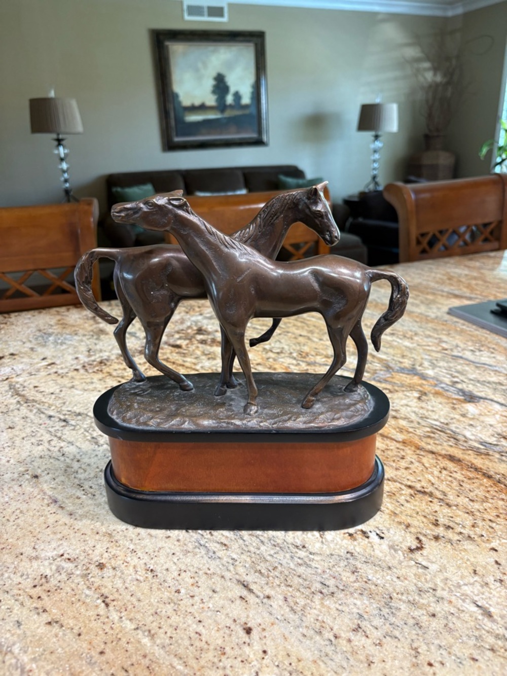 Pierre Jules Solid Bronze Two Horse Sculpture on Brown Base - Home Art Accent